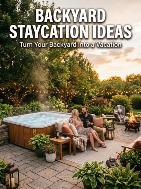 Couple relaxing beside a backyard hot tub with patio seating and title text about backyard staycation ideas.
