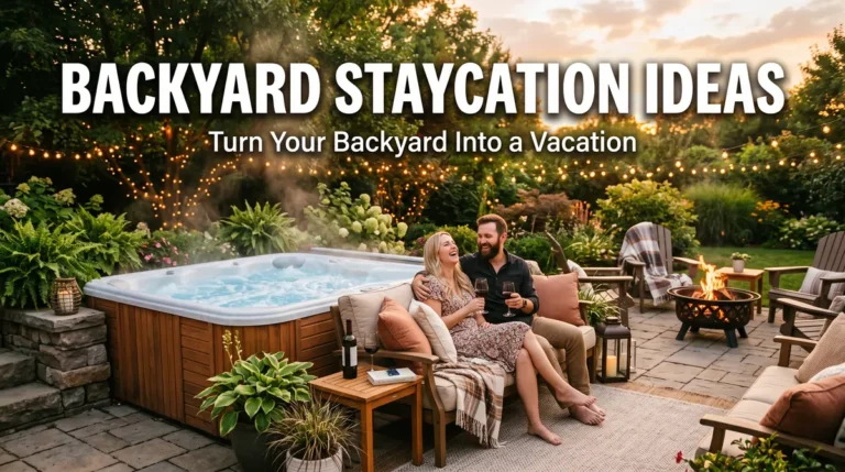 Couple laughing and holding wine glasses by a hot tub in a cozy backyard with string lights and fire pit