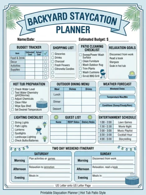 Backyard staycation planner with budget, shopping, cleaning, goals, and schedule checklists