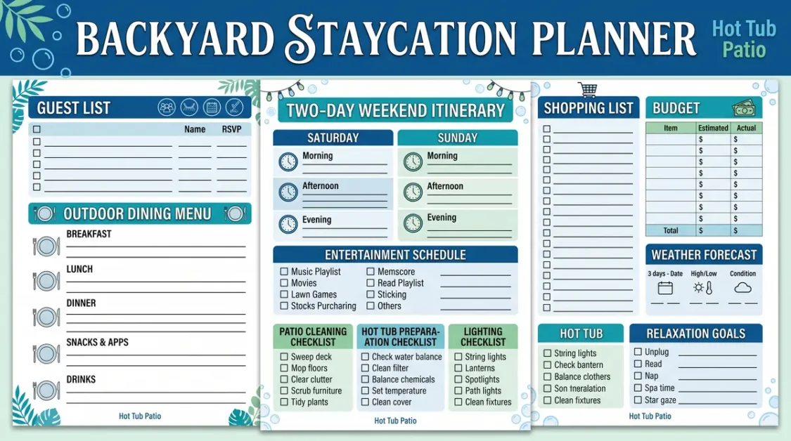 Backyard staycation planner with guest list, menu, weekend itinerary, shopping list, budget, and checklists
