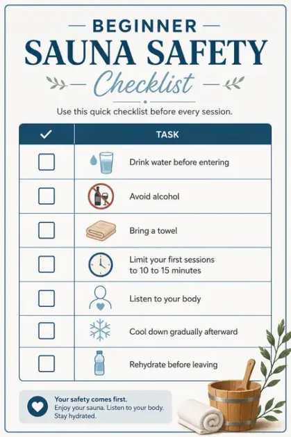Checklist with tips for sauna safety including drinking water, avoiding alcohol, and cooling down gradually