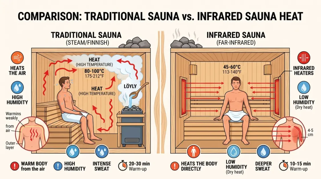 Diagram comparing heat, humidity, and sweat levels between traditional sauna and infrared sauna