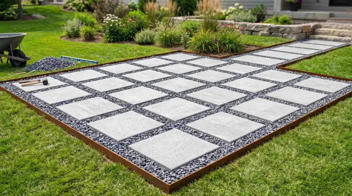 Outdoor Hot Tub Area Ideas for a Beautiful Backyard 5 Concrete square pavers spaced with gravel base in a garden lawn area