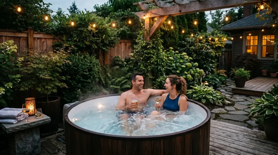 Man and woman smiling together in a round outdoor hot tub with garden lights