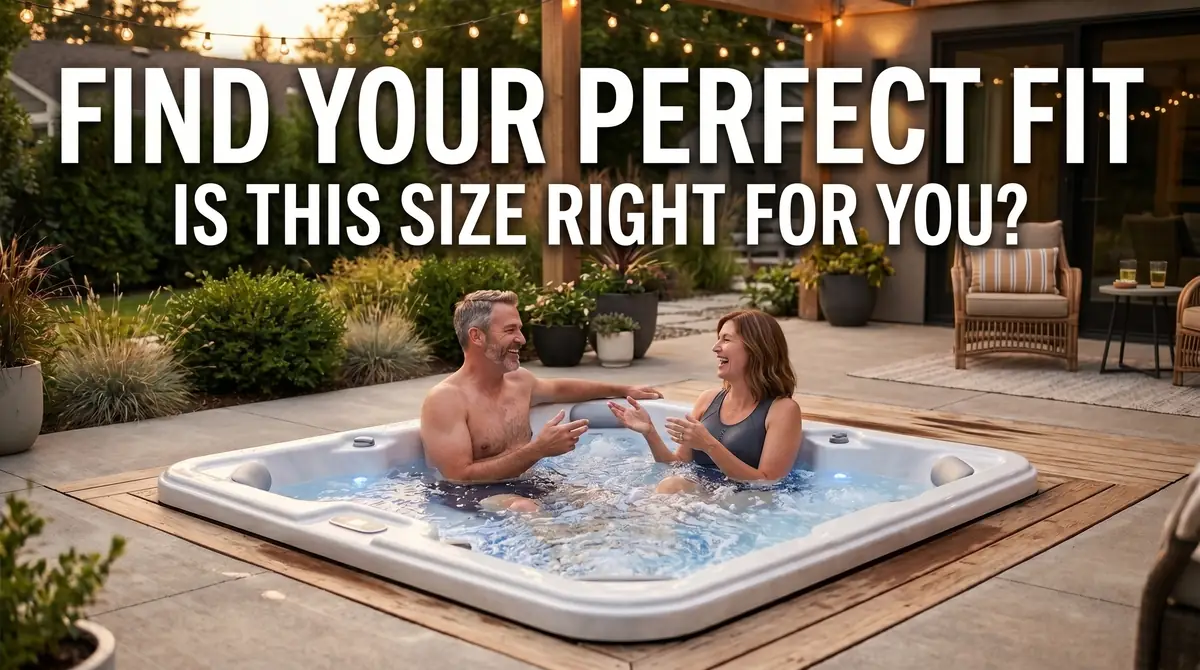 Man and woman sitting and laughing in a bubbling hot tub in an outdoor patio area