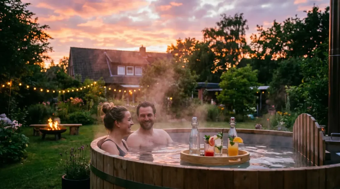 Man and woman in a wooden hot tub with drinks on a tray at sunset