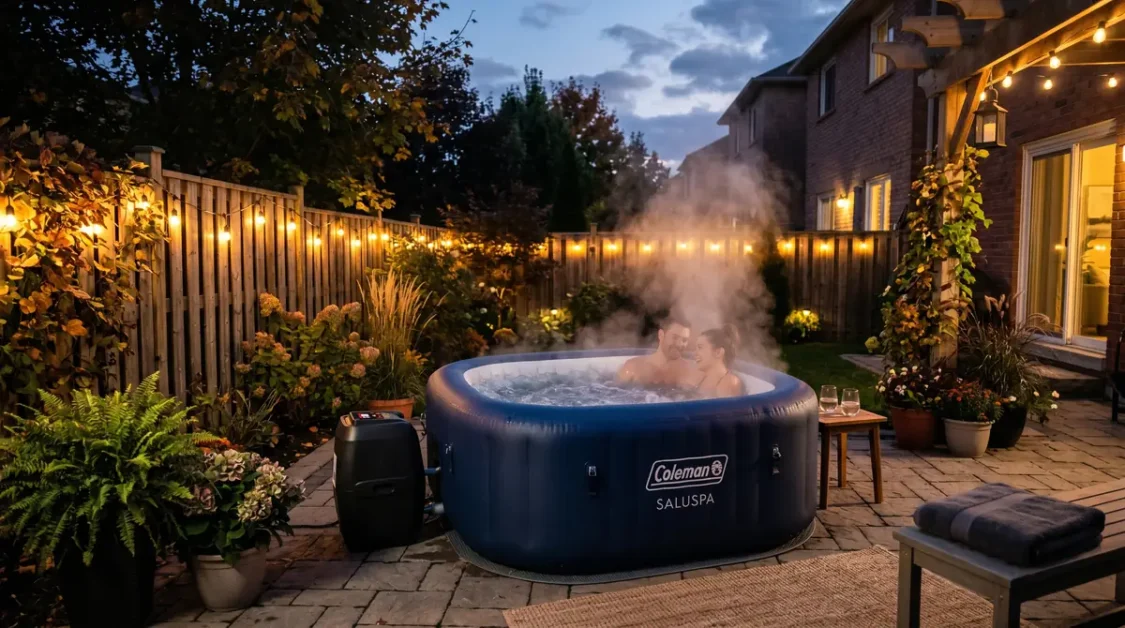 Couple enjoying steam rising from inflatable hot tub in a backyard patio with string lights