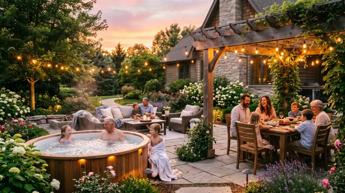 Family spending time in backyard with hot tub, outdoor dining area, and string lights at sunset