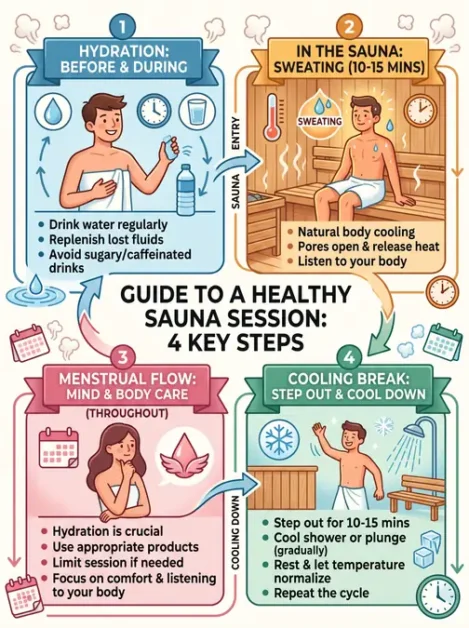 Infographic showing 4 key steps for a healthy sauna session including hydration, sauna sweating, menstrual care, and cooling break