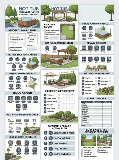 Detailed infographic showing various planning checklists and worksheets for designing a summer patio with a hot tub.