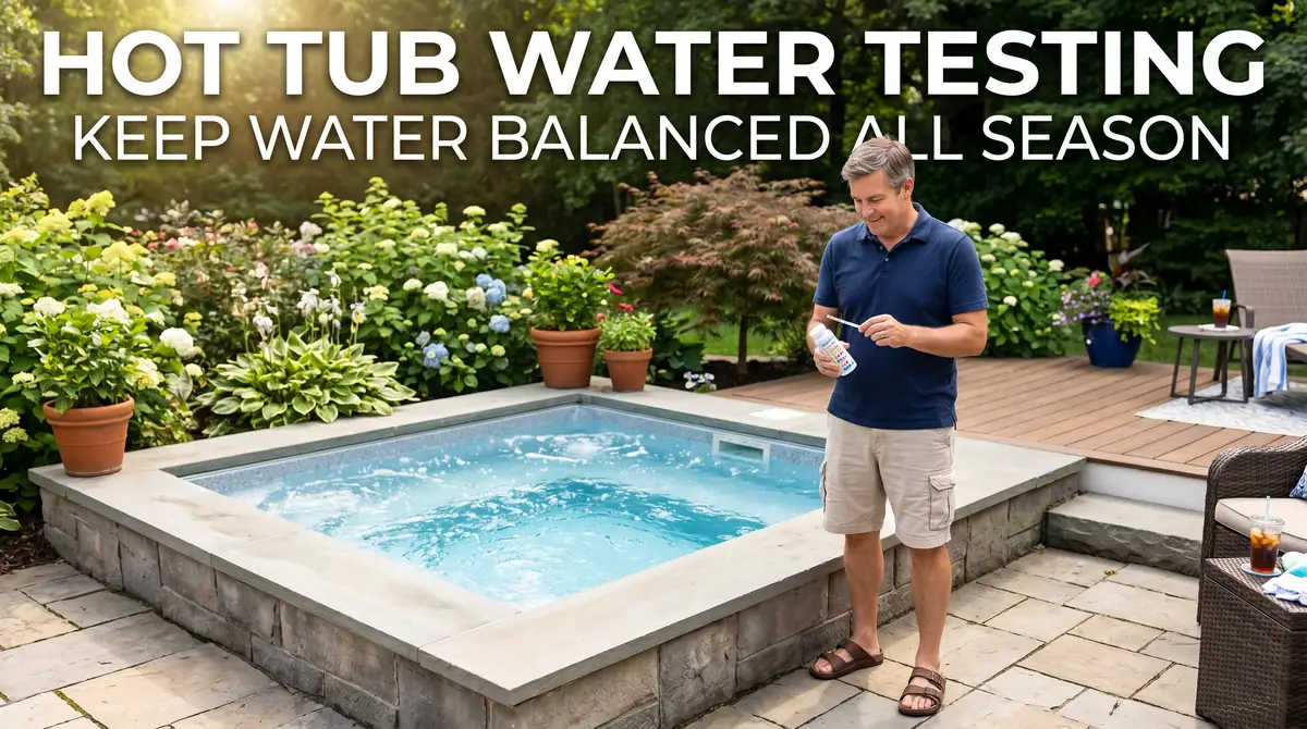 Man standing beside a hot tub holding water test strips and a water sample bottle