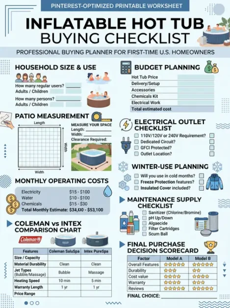 Printable worksheet with an inflatable hot tub buying checklist and planning sections