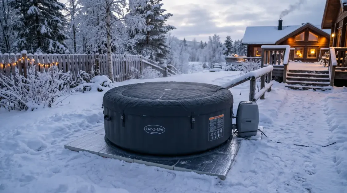 Inflatable hot tub on snowy ground near wooden cabin lit with warm lights