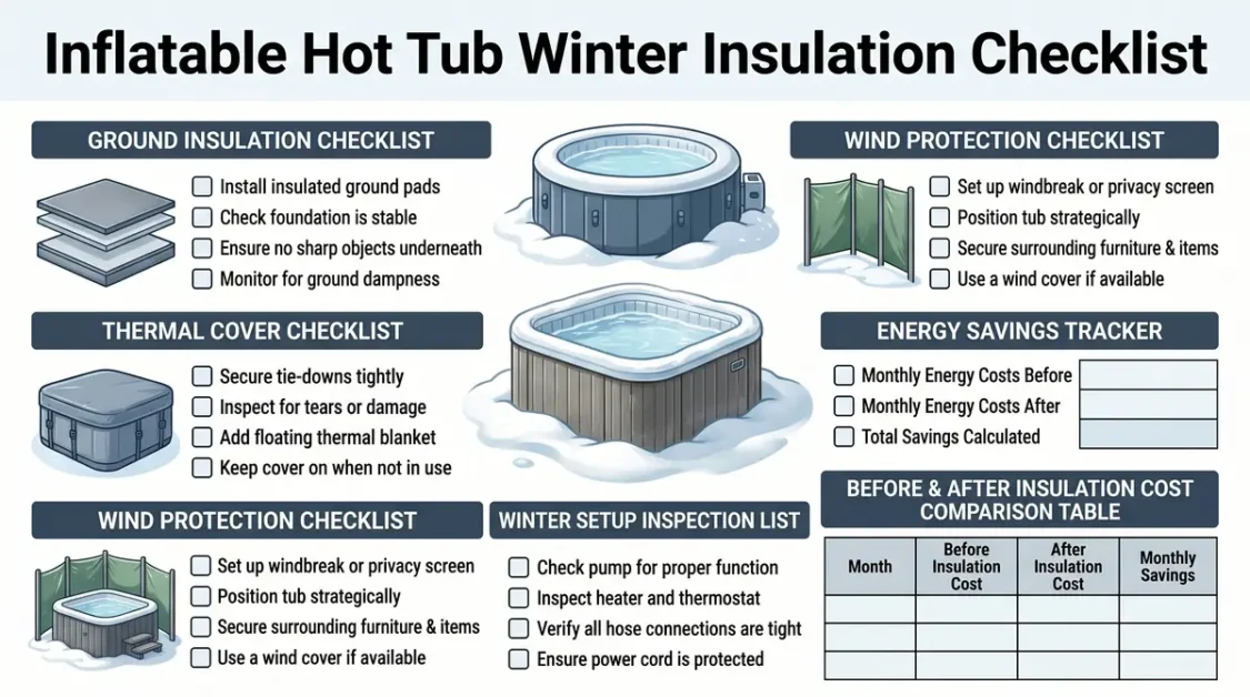 Checklist infographic for insulating an inflatable hot tub in winter with ground, wind, thermal cover sections