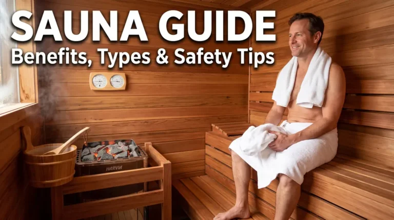 Sauna: Benefits, Types, How It Works, and Safe Usage Guide 6 A man wrapped in a towel sitting on a wooden bench inside a sauna room