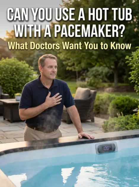 Can You Use a Hot Tub With a Pacemaker? Safety Tips, Risks, and Doctor Recommendations 3 Man with hand on chest standing next to a hot tub with 100°F temperature display