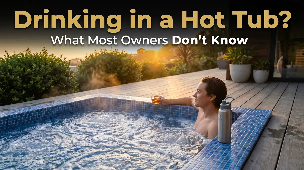 A man sitting in a hot tub holding a glass with a drink during sunset