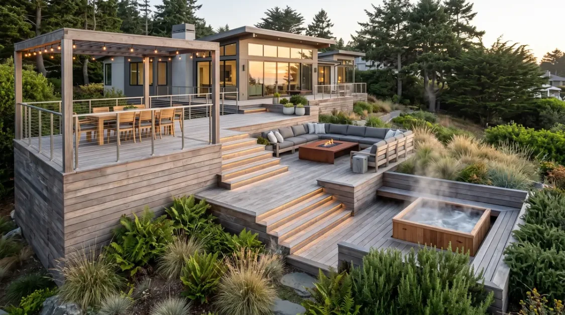 Outdoor Hot Tub Area Ideas for a Beautiful Backyard 4 Outdoor wooden deck with seating area, fire pit, dining table, and steaming hot tub surrounded by greenery