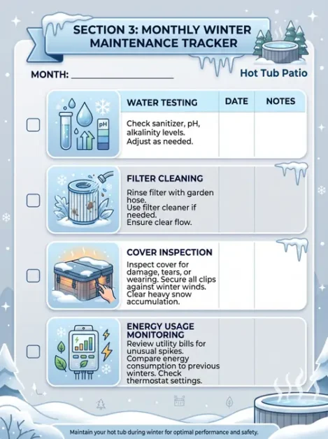 Checklist for monthly winter maintenance tasks on a hot tub patio including water testing, filter cleaning, cover inspection, and energy usage monitoring