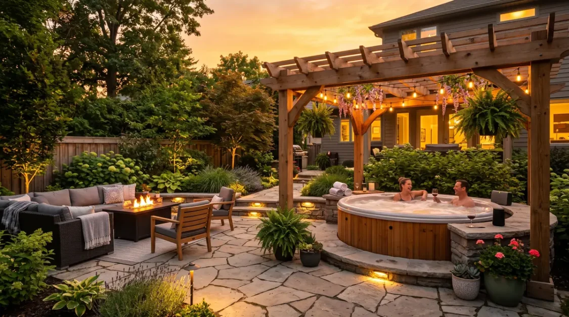 Outdoor Hot Tub Area Ideas for a Beautiful Backyard 2 Couple enjoying a hot tub under a wooden pergola with surrounding garden and fire pit seating
