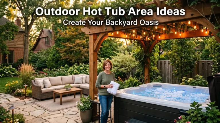 Woman standing by a bubbling outdoor hot tub under a wooden pergola with string lights and garden seating