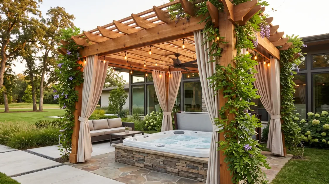 Outdoor Hot Tub Area Ideas for a Beautiful Backyard 3 Outdoor hot tub under a cedar pergola with hanging string lights and beige curtains