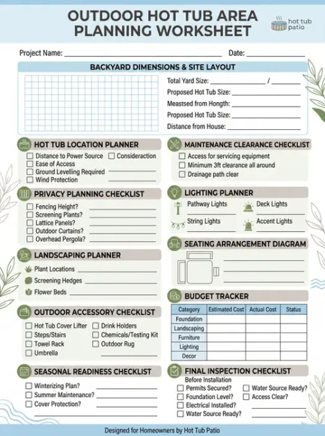 Outdoor Hot Tub Area Ideas for a Beautiful Backyard 8 Worksheet template for planning an outdoor hot tub area with checklists and diagrams
