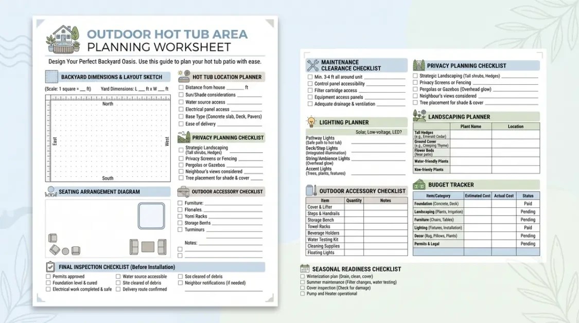 Outdoor Hot Tub Area Ideas for a Beautiful Backyard 7 Detailed planning worksheet for designing an outdoor hot tub area with checklists and diagrams