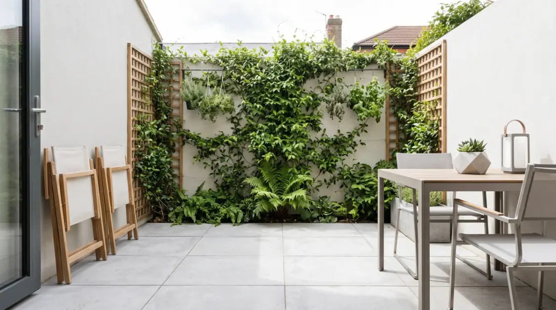 Outdoor Hot Tub Area Ideas for a Beautiful Backyard 6 Small outdoor patio area with lush green plants on trellis and modern table with chairs