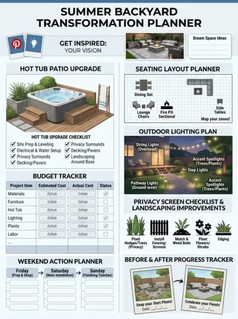 Infographic planner for upgrading hot tub patio, seating layout, lighting, privacy screens, and tracking budget and progress