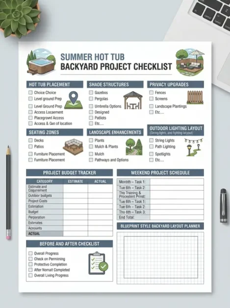 Printable summer hot tub backyard project checklist with sections for placement, shade, privacy, seating, landscape, lighting, budget, schedule, and checklists