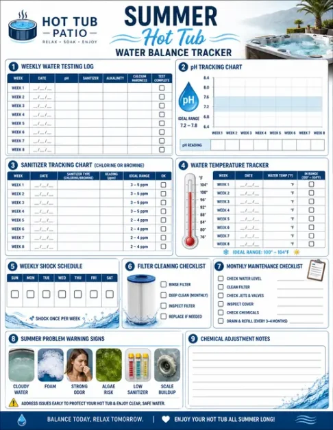 Summer hot tub water balance tracker with charts, checklists, and problem warning signs
