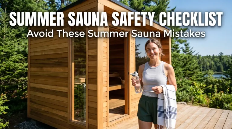 Summer Sauna Safety Checklist (Downloadable PDF Guide) 8 Smiling woman holding a water bottle and towel next to an outdoor wooden sauna in summer