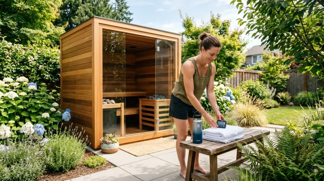 Summer Sauna Safety Checklist (Downloadable PDF Guide) 2 Woman placing timer on wooden table near outdoor wooden sauna surrounded by garden