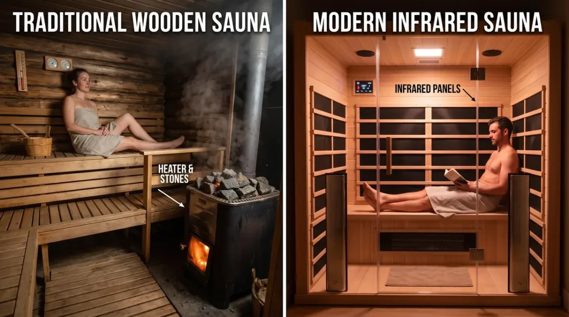 Woman in traditional wooden sauna with heater and stones and man in modern infrared sauna with glass door and panels