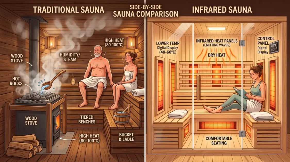 Illustration comparing traditional sauna with wood stove and steam to infrared sauna with heat panels and digital controls