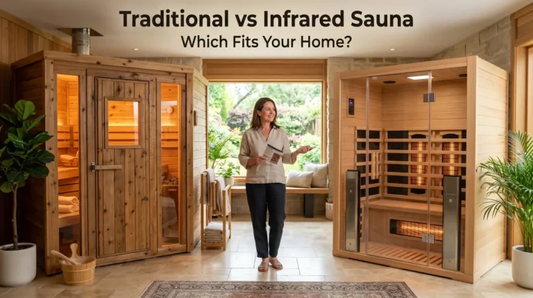 Woman standing between a traditional wooden sauna and a glass-paneled infrared sauna