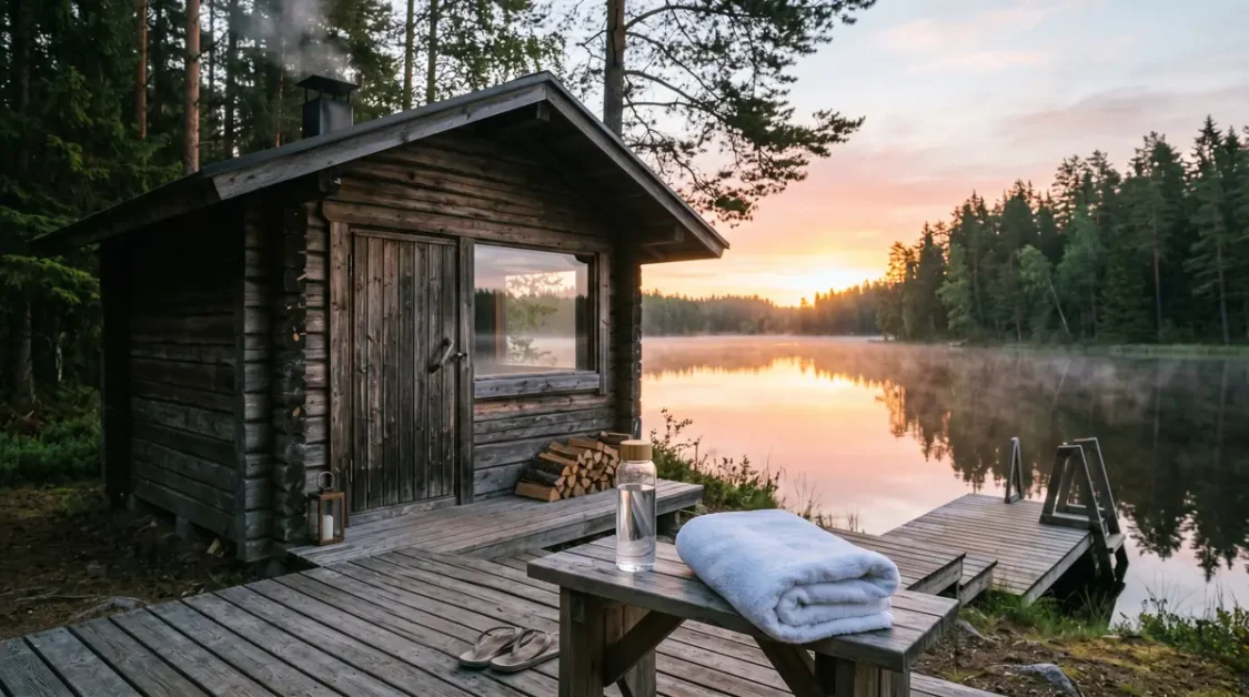 Wooden sauna cabin with smoke, water bottle, towel, and sandals near lake at sunrise