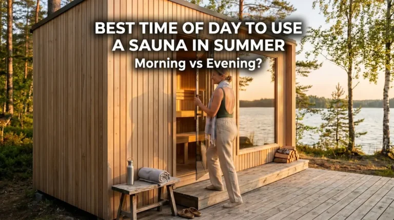 Best Time of Day to Use a Sauna in Summer 7 Woman opening a glass door to a wooden sauna by the lake during sunset