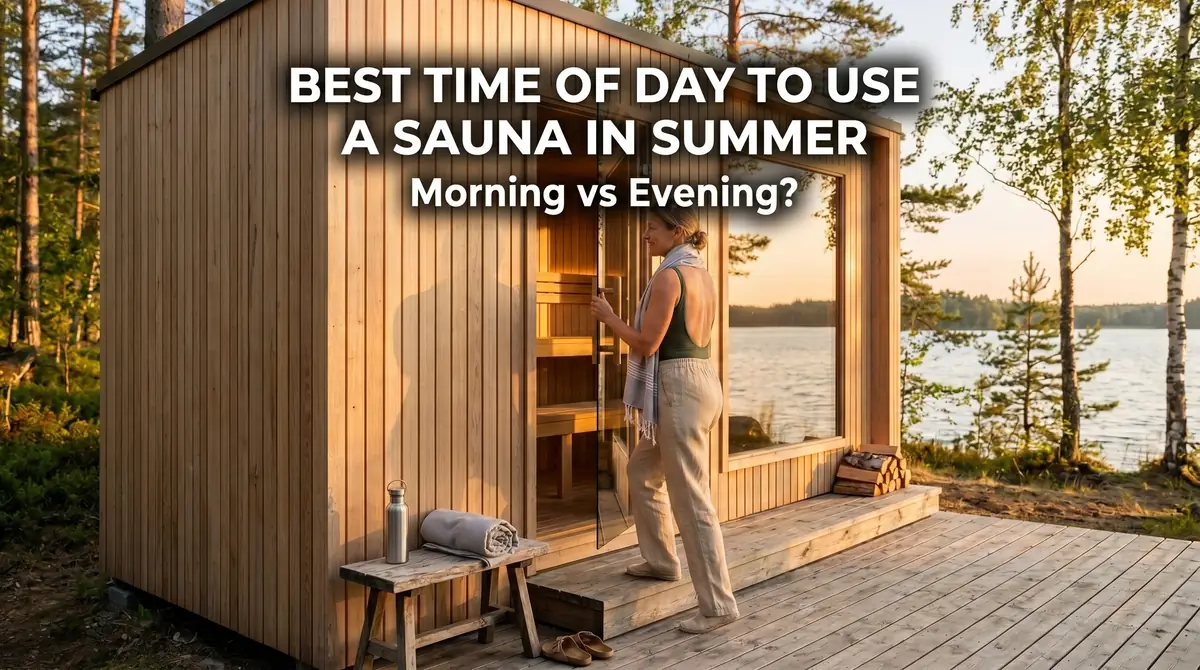 Woman opening a glass door to a wooden sauna by the lake during sunset