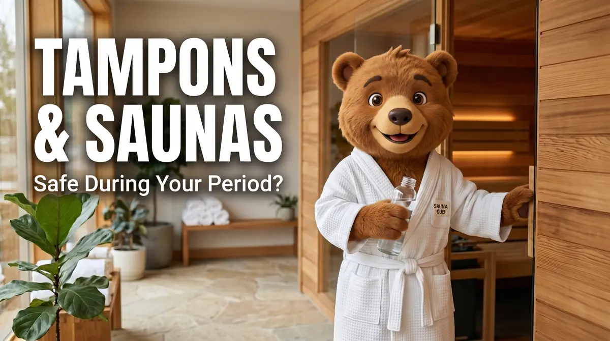 Bear mascot in white robe holding a water bottle standing at a sauna door