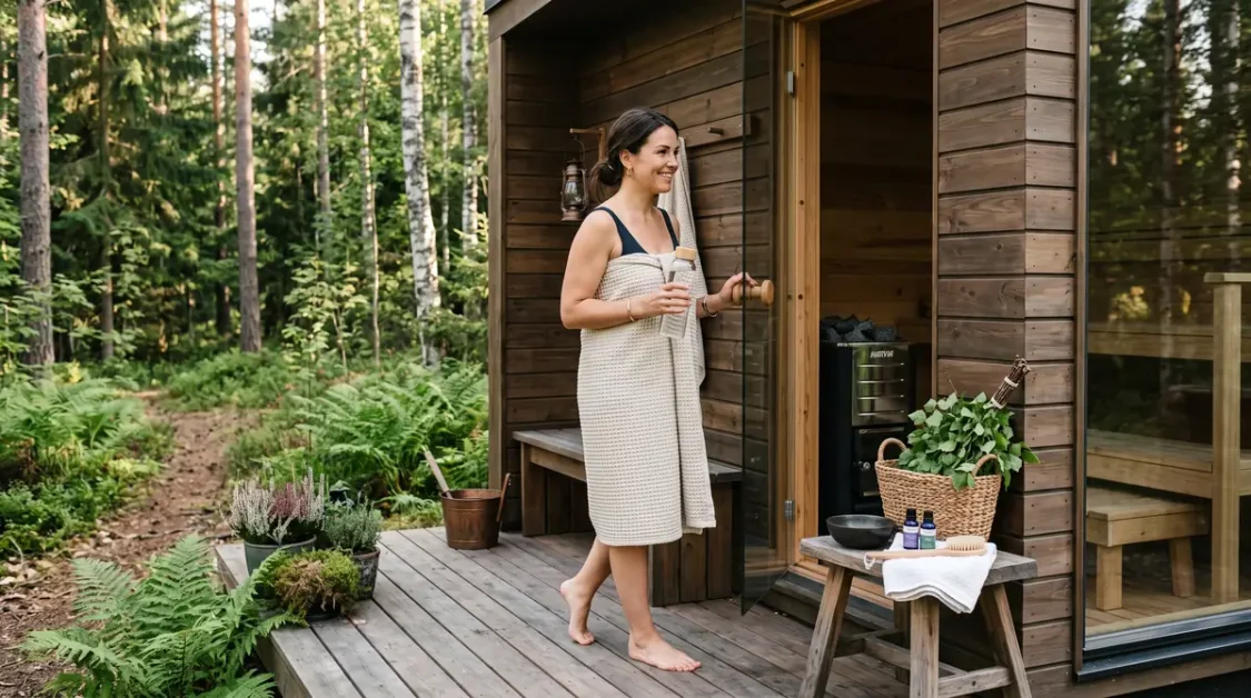 Smiling woman wrapped in a towel walking barefoot on sauna porch with water bottle