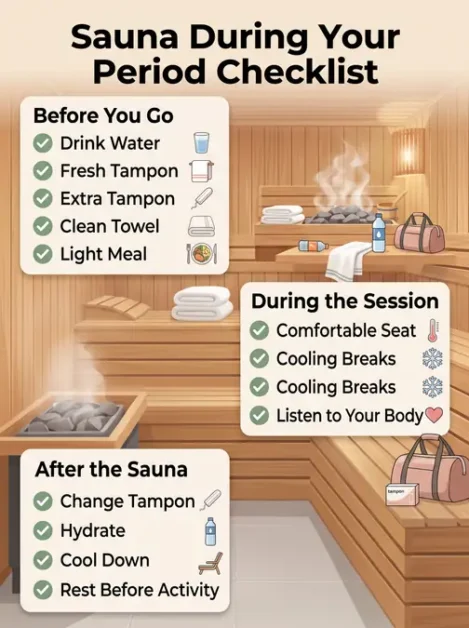 Checklist for using sauna during period with steps before, during, and after session in wooden sauna interior