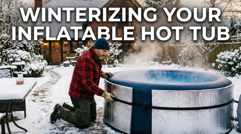 Man wearing red plaid jacket winterizing an inflatable hot tub in a snowy backyard