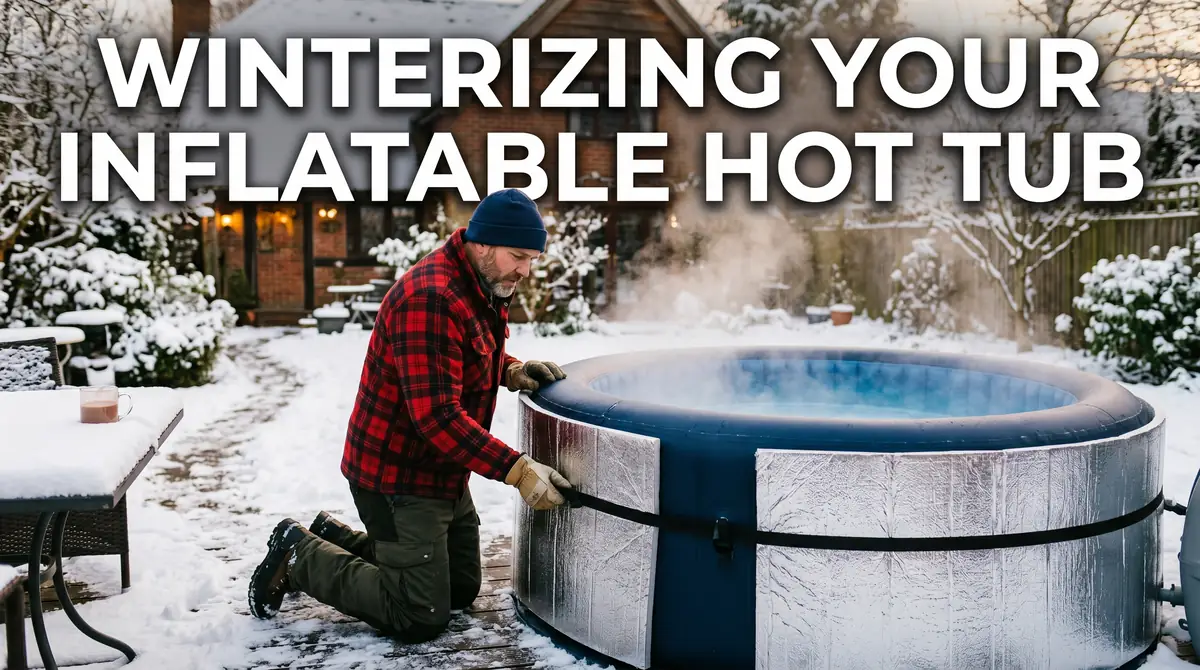 Man wearing red plaid jacket winterizing an inflatable hot tub in a snowy backyard