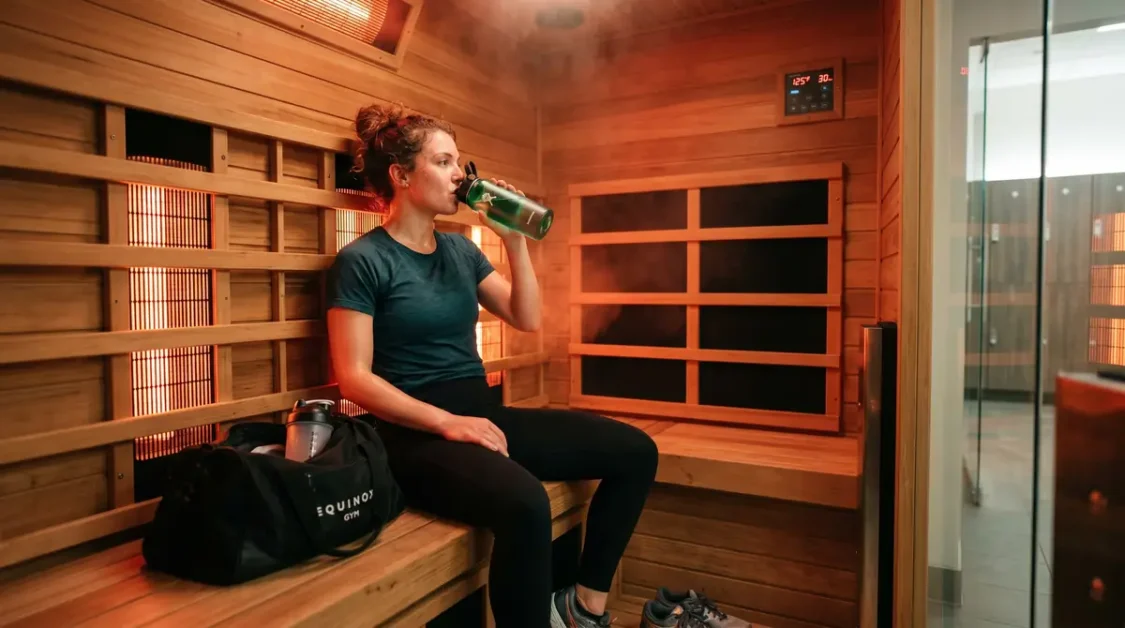 Infrared Sauna Before or After Workout: Which Is Better? 2 Woman drinking water inside an infrared sauna with wooden interior