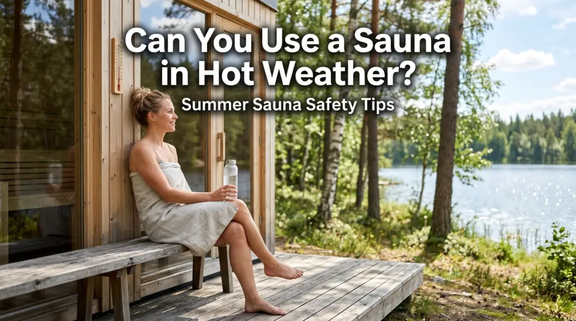 Can You Use a Sauna in Hot Weather? Safety Tips for Summer Sauna Sessions 2 Woman wrapped in towel sitting outside wooden sauna holding a water bottle near a lake