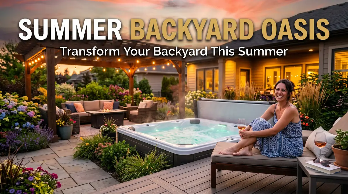 Smiling woman sitting on outdoor lounge chair next to hot tub in a garden backyard at sunset