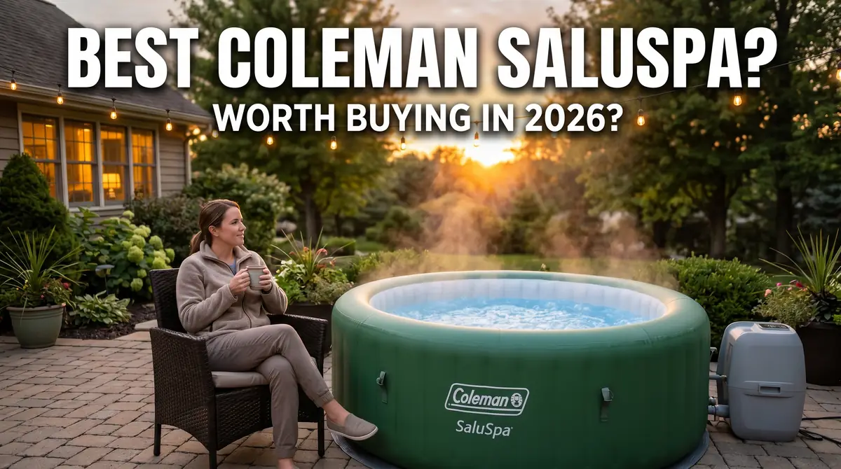 A woman sitting in a chair holding a mug next to a steaming inflatable hot tub outdoors