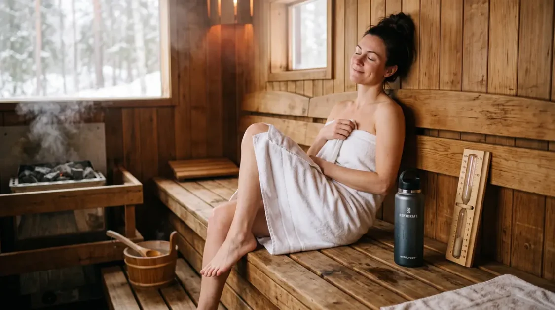 Woman wrapped in white towel sitting on wooden bench inside sauna with steam and wooden sauna accessories